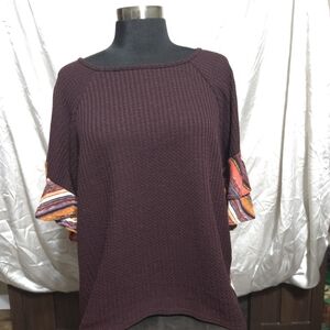 Umgee Burgundy Knit Top with Multicolor Ruffle Sleeves